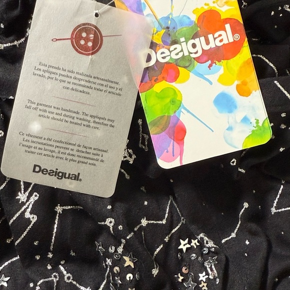 DESIGUAL black slip dress with silver sparkle outer space star constellations S - Picture 10 of 15